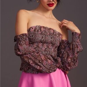 Anthropologie Off-Shoulder Paisley Blouse. Smocked with ruffle detail at top